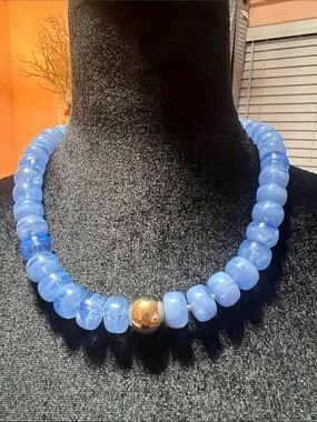 Source Unknown Light Blue Beaded Necklace with Gold Accent
